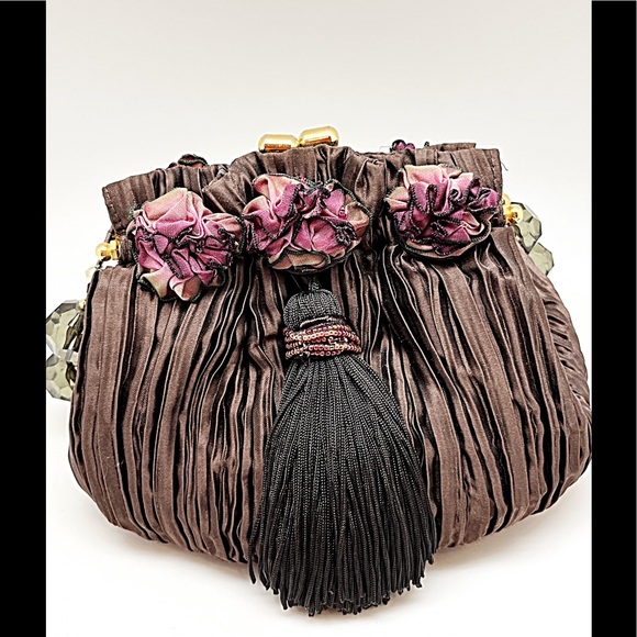 Small Brown Handbag W/Ribbon Roses, Chunky Topaz Crystal Handle, Large Tassel - Picture 7 of 8